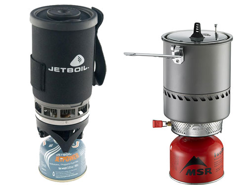Backpacking stoves with integrated cooking systems