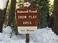 Goat Meadow Snow Play Area is located on the southern border of Yosemite National Park, 1 mile off of Highway 41. The 1 mile road is not plowed, so chains or 4-wheel drive is required.