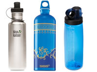 Water bottles come in (left to right) stainless steel, aluminum and plastic.