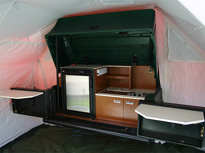 The kitchen inside the RTV Camper