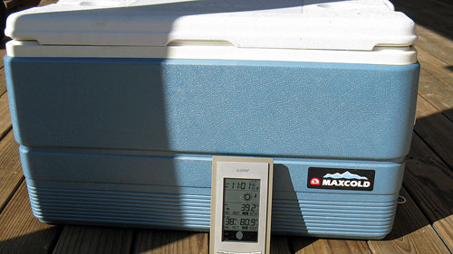 Measuring the internal temperature of an ice chest with a weather gauge