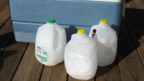 Using milk jugs to make block ice for the ice chest