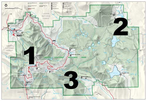 The three major areas of Lassen; Lassen Peak and Bumpass Hell (1), Cinder Cone and Painted Dunes (2) and Devil's Kitchen (3)