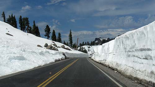 Snow accumulation along the Lassen Peak Highway, after it opened on July 8th